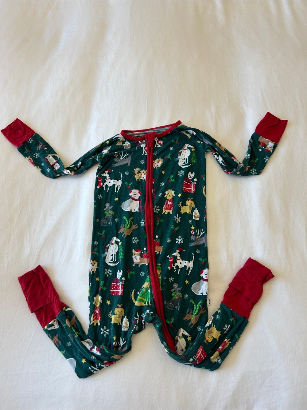Little Sleepies Green Holiday Dog Print Footless Pajamas with Red Trim